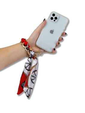 NIB Gold Chain Scarf Bracelet with Red and White Silk Tie phone wrist